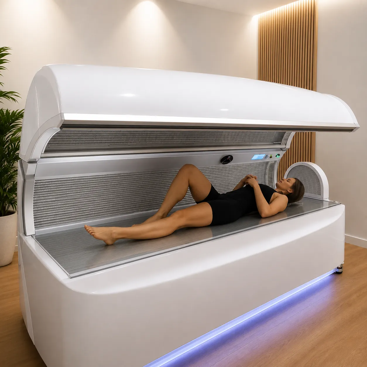 Full-body red light therapy bed glowing red at Great Falls Movement Center.